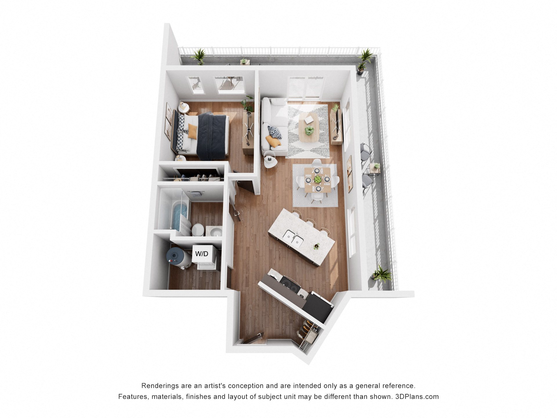 Floor plan for 1 bed, 1 bath, 700 sqft